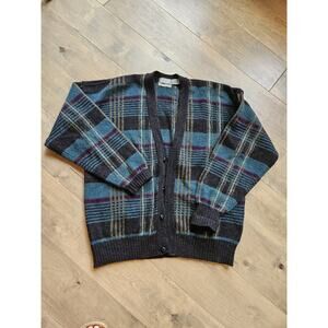 Vtg Christopher Hayes Cardigan Plaid 100% Shetland Wool Grandpa Sz L Multicolor